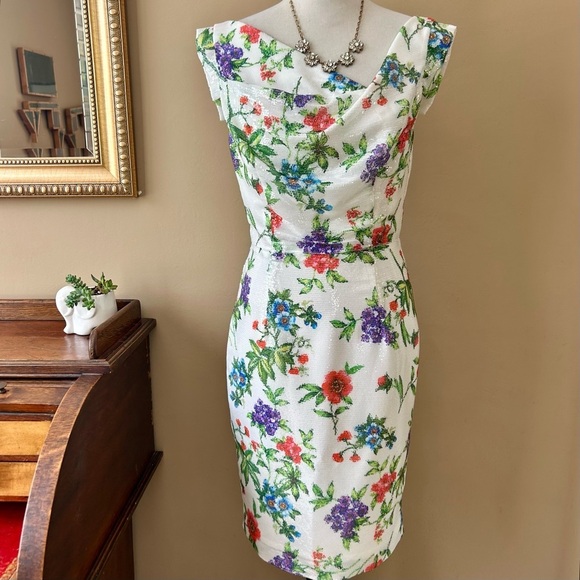 Black Halo Jackie O Sheath Dress White Floral Sequin Garden Party Sheath Size 6 - Picture 4 of 11